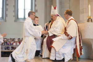 Fr Stephen Duffy with Bishop of Clogher Rev Liam MacDaid, during his ordination last Sunday. ©Rory Geary/The Northern Standard
